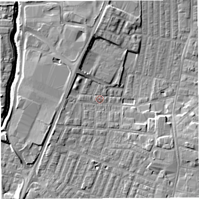 Shaded relief map of the ground around WN71UZ, computed from Environment Agency LiDAR. The ground here sits at about 26 m above sea level and falls 8 m across the surrounding 800 m. Surface water reaching this point runs off ground lying to the south-west, 2.2 m higher.