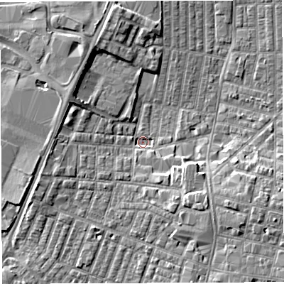 Shaded relief map of the ground around WN71WH, computed from Environment Agency LiDAR. The ground here sits at about 23 m above sea level and falls 6 m across the surrounding 800 m. Surface water reaching this point runs off ground lying to the south-east, 5.9 m higher.
