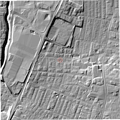 Shaded relief map of the ground around WN71XA, computed from Environment Agency LiDAR. The ground here sits at about 25 m above sea level and falls 7 m across the surrounding 800 m. Surface water reaching this point runs off ground lying to the west-south-west, 2.5 m higher.