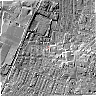 Shaded relief map of the ground around WN71XE, computed from Environment Agency LiDAR. The ground here sits at about 24 m above sea level and falls 6 m across the surrounding 800 m. Surface water reaching this point runs off ground lying to the south-west, 4.0 m higher.
