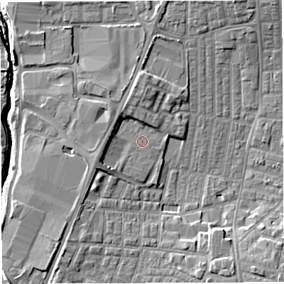 Shaded relief map of the ground around WN71YN, computed from Environment Agency LiDAR. The ground here sits at about 25 m above sea level and falls 6 m across the surrounding 800 m. Surface water reaching this point runs off ground lying to the west-north-west, 2.9 m higher.