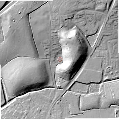 Shaded relief map of the ground around WN72AB, computed from Environment Agency LiDAR. The ground here sits at about 19 m above sea level and falls 22 m across the surrounding 800 m. Surface water reaching this point runs off ground lying to the north-north-east, 19.8 m higher.