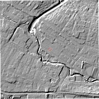 Shaded relief map of the ground around WN72BE, computed from Environment Agency LiDAR. The ground here sits at about 23 m above sea level and falls 14 m across the surrounding 800 m. Surface water reaching this point runs off ground lying to the north, 3.5 m higher.