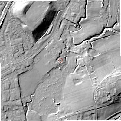 Shaded relief map of the ground around WN72BQ, computed from Environment Agency LiDAR. The ground here sits at about 27 m above sea level and falls 22 m across the surrounding 800 m. Surface water reaching this point runs off ground lying to the north-west, 16.4 m higher.