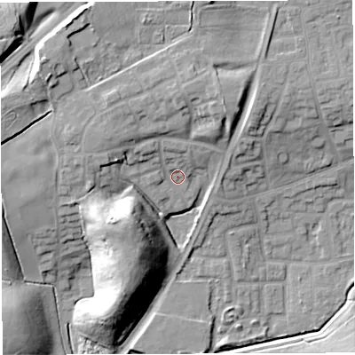 Shaded relief map of the ground around WN72ET, computed from Environment Agency LiDAR. The ground here sits at about 26 m above sea level and falls 21 m across the surrounding 800 m. Surface water reaching this point runs off ground lying to the north-west, 7.6 m higher.