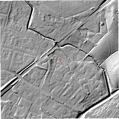 Shaded relief map of the ground around WN72GA, computed from Environment Agency LiDAR. The ground here sits at about 22 m above sea level and falls 22 m across the surrounding 800 m. Surface water reaching this point runs off ground lying to the west-south-west, 7.0 m higher.