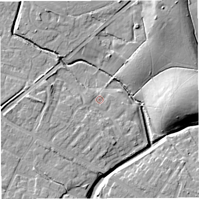 Shaded relief map of the ground around WN72GB, computed from Environment Agency LiDAR. The ground here sits at about 21 m above sea level and falls 22 m across the surrounding 800 m. Surface water reaching this point runs off ground lying to the south-west, 4.9 m higher.
