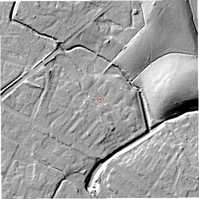 Shaded relief map of the ground around WN72GD, computed from Environment Agency LiDAR. The ground here sits at about 22 m above sea level and falls 21 m across the surrounding 800 m. Surface water reaching this point runs off ground lying to the south-south-west, 4.4 m higher.