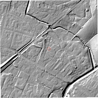 Shaded relief map of the ground around WN72GE, computed from Environment Agency LiDAR. The ground here sits at about 25 m above sea level and falls 21 m across the surrounding 800 m. Surface water reaching this point runs off ground lying to the west-south-west, 2.6 m higher.