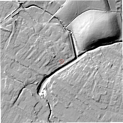 Shaded relief map of the ground around WN72GF, computed from Environment Agency LiDAR. The ground here sits at about 23 m above sea level and falls 18 m across the surrounding 800 m. Surface water reaching this point runs off ground lying to the west, 4.3 m higher.