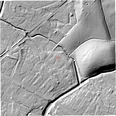 Shaded relief map of the ground around WN72GG, computed from Environment Agency LiDAR. The ground here sits at about 22 m above sea level and falls 22 m across the surrounding 800 m. Surface water reaching this point runs off ground lying to the south-south-west, 5.4 m higher.