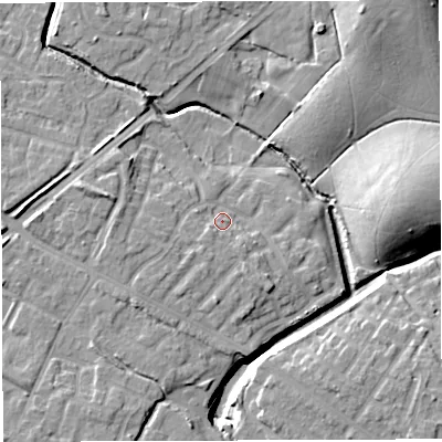 Shaded relief map of the ground around WN72GH, computed from Environment Agency LiDAR. The ground here sits at about 24 m above sea level and falls 21 m across the surrounding 800 m. Surface water reaching this point runs off ground lying to the south, 3.3 m higher.