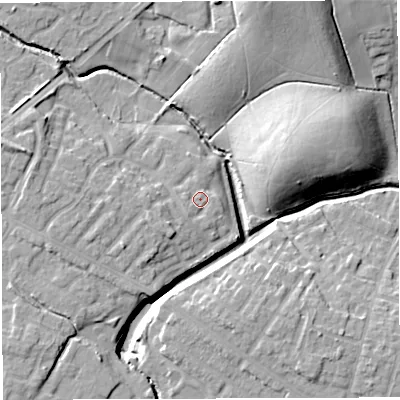 Shaded relief map of the ground around WN72GJ, computed from Environment Agency LiDAR. The ground here sits at about 22 m above sea level and falls 19 m across the surrounding 800 m. Surface water reaching this point runs off ground lying to the south-west, 2.5 m higher.