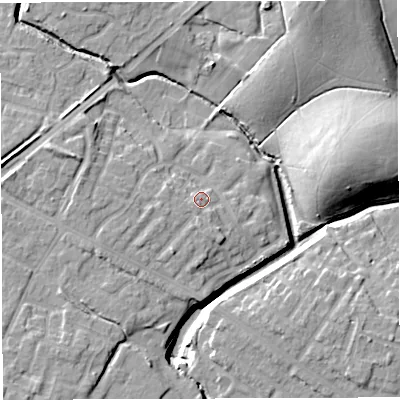 Shaded relief map of the ground around WN72GL, computed from Environment Agency LiDAR. The ground here sits at about 24 m above sea level and falls 19 m across the surrounding 800 m. Surface water reaching this point runs off ground lying to the south-south-west, 2.6 m higher.