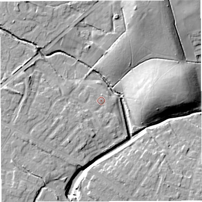 Shaded relief map of the ground around WN72GN, computed from Environment Agency LiDAR. The ground here sits at about 22 m above sea level and falls 21 m across the surrounding 800 m. Surface water reaching this point runs off ground lying to the south, 2.1 m higher.
