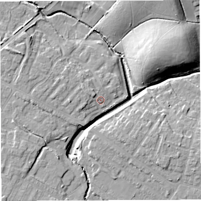 Shaded relief map of the ground around WN72GP, computed from Environment Agency LiDAR. The ground here sits at about 24 m above sea level and falls 18 m across the surrounding 800 m. Surface water reaching this point runs off ground lying to the west, 3.1 m higher.