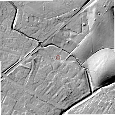 Shaded relief map of the ground around WN72HR, computed from Environment Agency LiDAR. The ground here sits at about 19 m above sea level and falls 22 m across the surrounding 800 m. Surface water reaching this point runs off ground lying to the south-south-west, 9.1 m higher.