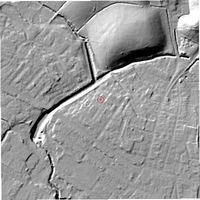 Shaded relief map of the ground around WN72HZ, computed from Environment Agency LiDAR. The ground here sits at about 25 m above sea level and falls 20 m across the surrounding 800 m. Surface water reaching this point runs off ground lying to the south, 1.5 m higher.