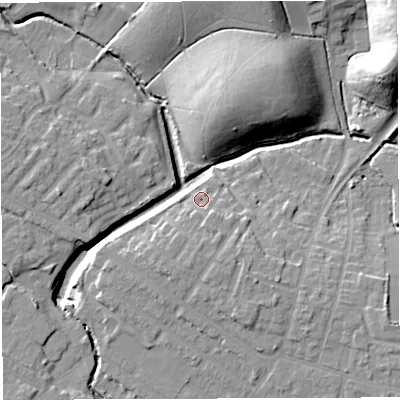 Shaded relief map of the ground around WN72JB, computed from Environment Agency LiDAR. The ground here sits at about 23 m above sea level and falls 23 m across the surrounding 800 m. Surface water reaching this point runs off ground lying to the south-south-west, 3.4 m higher.