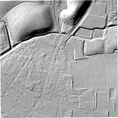 Shaded relief map of the ground around WN72LP, computed from Environment Agency LiDAR. The ground here sits at about 21 m above sea level and falls 22 m across the surrounding 800 m. Surface water reaching this point runs off ground lying to the south, 5.5 m higher.