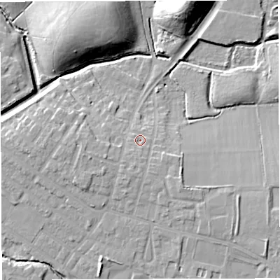 Shaded relief map of the ground around WN72LW, computed from Environment Agency LiDAR. The ground here sits at about 24 m above sea level and falls 19 m across the surrounding 800 m. Surface water reaching this point runs off ground lying to the south-south-west, 3.0 m higher.