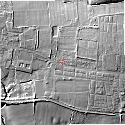 Shaded relief map of the ground around WN72LZ, computed from Environment Agency LiDAR. The ground here sits at about 27 m above sea level and falls 14 m across the surrounding 800 m. Surface water reaching this point runs off ground lying to the east-north-east, 5.1 m higher.