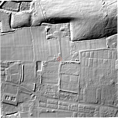 Shaded relief map of the ground around WN72NY, computed from Environment Agency LiDAR. The ground here sits at about 27 m above sea level and falls 20 m across the surrounding 800 m. Surface water reaching this point runs off ground lying to the south-east, 4.0 m higher.