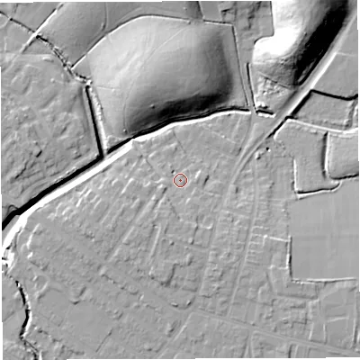 Shaded relief map of the ground around WN72TE, computed from Environment Agency LiDAR. The ground here sits at about 23 m above sea level and falls 24 m across the surrounding 800 m. Surface water reaching this point runs off ground lying to the south-south-west, 5.2 m higher.