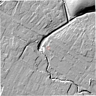 Shaded relief map of the ground around WN72TG, computed from Environment Agency LiDAR. The ground here sits at about 23 m above sea level and falls 18 m across the surrounding 800 m. Surface water reaching this point runs off ground lying to the south-east, 1.9 m higher.