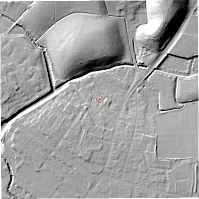 Shaded relief map of the ground around WN72TJ, computed from Environment Agency LiDAR. The ground here sits at about 22 m above sea level and falls 24 m across the surrounding 800 m. Surface water reaching this point runs off ground lying to the south-south-west, 5.7 m higher.