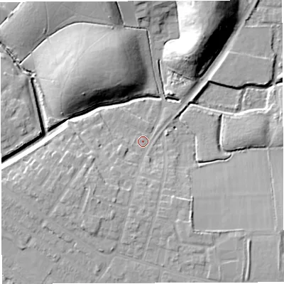 Shaded relief map of the ground around WN72TL, computed from Environment Agency LiDAR. The ground here sits at about 21 m above sea level and falls 22 m across the surrounding 800 m. Surface water reaching this point runs off ground lying to the south-west, 6.6 m higher.