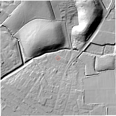 Shaded relief map of the ground around WN72TN, computed from Environment Agency LiDAR. The ground here sits at about 21 m above sea level and falls 23 m across the surrounding 800 m. Surface water reaching this point runs off ground lying to the south-south-west, 6.7 m higher.