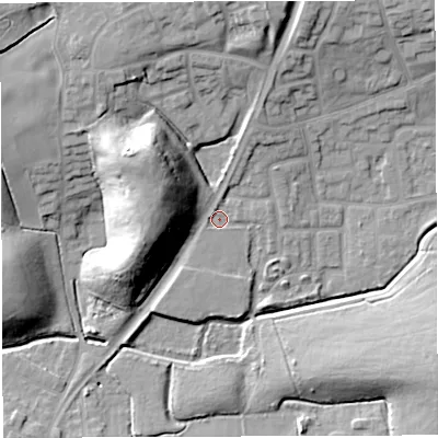 Shaded relief map of the ground around WN72TR, computed from Environment Agency LiDAR. The ground here sits at about 21 m above sea level and falls 21 m across the surrounding 800 m. Surface water reaching this point runs off ground lying to the west-north-west, 17.6 m higher.