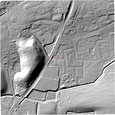 Shaded relief map of the ground around WN72TS, computed from Environment Agency LiDAR. The ground here sits at about 23 m above sea level and falls 21 m across the surrounding 800 m. Surface water reaching this point runs off ground lying to the north, 3.7 m higher.