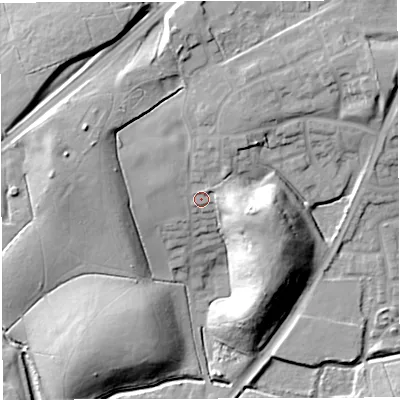 Shaded relief map of the ground around WN72TW, computed from Environment Agency LiDAR. The ground here sits at about 28 m above sea level and falls 22 m across the surrounding 800 m. Surface water reaching this point runs off ground lying to the east-south-east, 10.9 m higher.