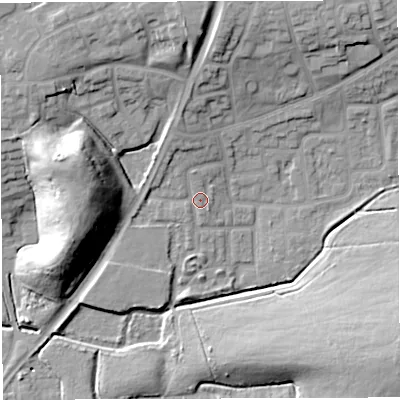 Shaded relief map of the ground around WN72TX, computed from Environment Agency LiDAR. The ground here sits at about 22 m above sea level and falls 21 m across the surrounding 800 m. Surface water reaching this point runs off ground lying to the north-west, 1.3 m higher.