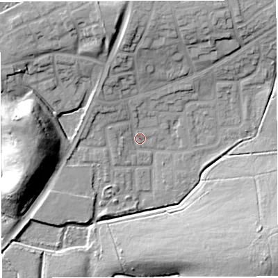 Shaded relief map of the ground around WN72TY, computed from Environment Agency LiDAR. The ground here sits at about 20 m above sea level and falls 21 m across the surrounding 800 m. Surface water reaching this point runs off ground lying to the north, 12.3 m higher.