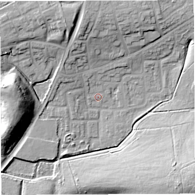 Shaded relief map of the ground around WN72TZ, computed from Environment Agency LiDAR. The ground here sits at about 20 m above sea level and falls 21 m across the surrounding 800 m. Surface water reaching this point runs off ground lying to the north-north-west, 13.5 m higher.