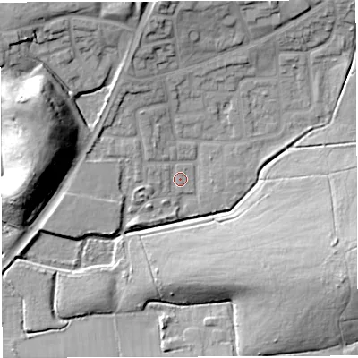 Shaded relief map of the ground around WN72UA, computed from Environment Agency LiDAR. The ground here sits at about 21 m above sea level and falls 21 m across the surrounding 800 m. Surface water reaching this point runs off ground lying to the west-north-west, 1.3 m higher.