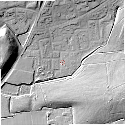 Shaded relief map of the ground around WN72UB, computed from Environment Agency LiDAR. The ground here sits at about 20 m above sea level and falls 21 m across the surrounding 800 m. Surface water reaching this point runs off ground lying to the south-west, 1.5 m higher.