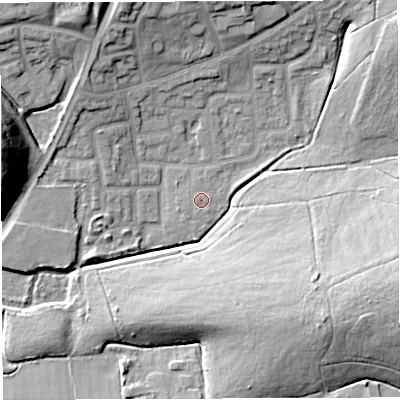 Shaded relief map of the ground around WN72UG, computed from Environment Agency LiDAR. The ground here sits at about 20 m above sea level and falls 21 m across the surrounding 800 m. Surface water reaching this point runs off ground lying to the north-north-west, 12.9 m higher.