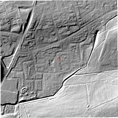 Shaded relief map of the ground around WN72UH, computed from Environment Agency LiDAR. The ground here sits at about 21 m above sea level and falls 21 m across the surrounding 800 m. Surface water reaching this point runs off ground lying to the north, 10.9 m higher.
