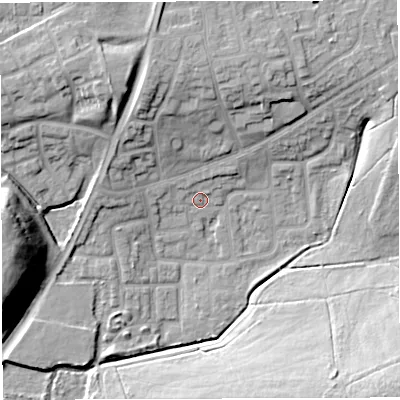 Shaded relief map of the ground around WN72UJ, computed from Environment Agency LiDAR. The ground here sits at about 22 m above sea level and falls 21 m across the surrounding 800 m. Surface water reaching this point runs off ground lying to the north-north-east, 10.6 m higher.
