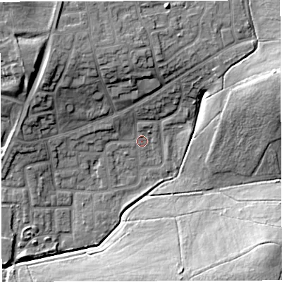 Shaded relief map of the ground around WN72UL, computed from Environment Agency LiDAR. The ground here sits at about 21 m above sea level and falls 21 m across the surrounding 800 m. Surface water reaching this point runs off ground lying to the north-north-east, 5.7 m higher.
