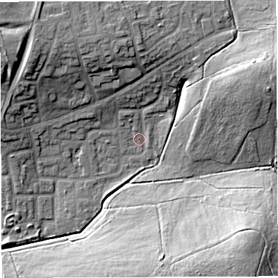 Shaded relief map of the ground around WN72UN, computed from Environment Agency LiDAR. The ground here sits at about 21 m above sea level and falls 22 m across the surrounding 800 m. Surface water reaching this point runs off ground lying to the north-north-east, 7.1 m higher.