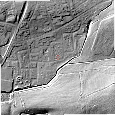 Shaded relief map of the ground around WN72UQ, computed from Environment Agency LiDAR. The ground here sits at about 20 m above sea level and falls 22 m across the surrounding 800 m. Surface water reaching this point runs off ground lying to the north, 1.8 m higher.
