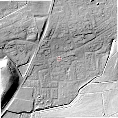 Shaded relief map of the ground around WN72UU, computed from Environment Agency LiDAR. The ground here sits at about 23 m above sea level and falls 21 m across the surrounding 800 m. Surface water reaching this point runs off ground lying to the north-north-west, 10.7 m higher.