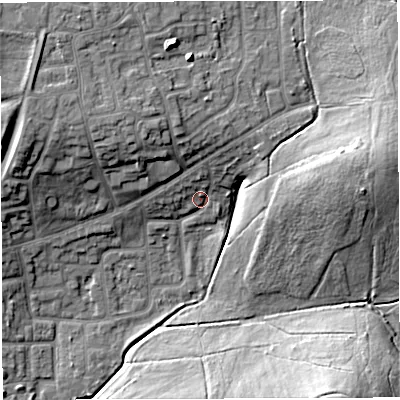 Shaded relief map of the ground around WN72UW, computed from Environment Agency LiDAR. The ground here sits at about 24 m above sea level and falls 19 m across the surrounding 800 m. Surface water reaching this point runs off ground lying to the north, 4.1 m higher.
