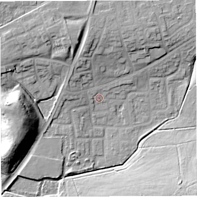 Shaded relief map of the ground around WN72UY, computed from Environment Agency LiDAR. The ground here sits at about 22 m above sea level and falls 21 m across the surrounding 800 m. Surface water reaching this point runs off ground lying to the north, 11.4 m higher.