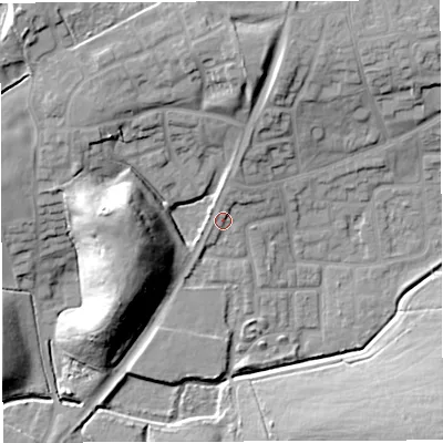 Shaded relief map of the ground around WN72UZ, computed from Environment Agency LiDAR. The ground here sits at about 24 m above sea level and falls 21 m across the surrounding 800 m. Surface water reaching this point runs off ground lying to the north, 10.8 m higher.